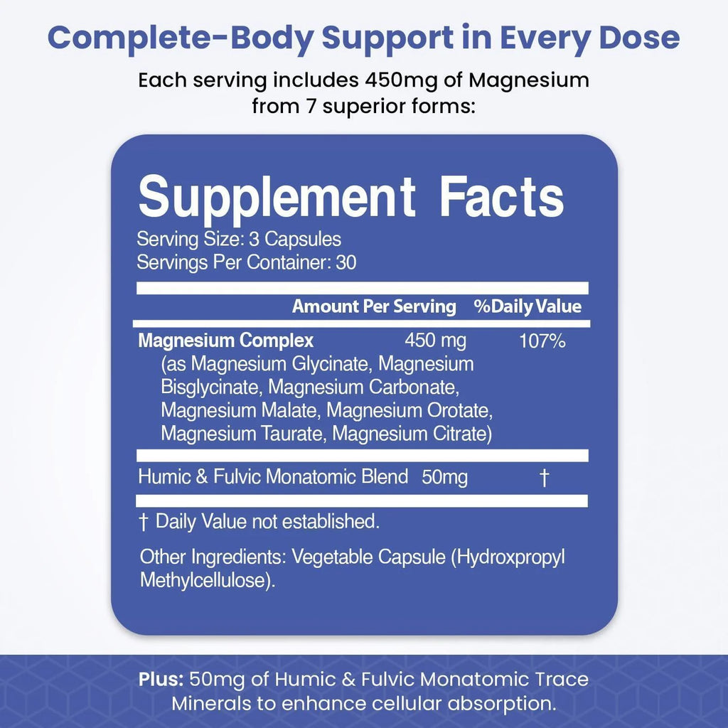 Magnesium Complex for Sleep Relaxation Digestion & Calm 90 Ct Magnesium Glycinate Citrate Bisglycinate Carbonate Malate Orotate Taurate Humic Fulvic for High Absorption