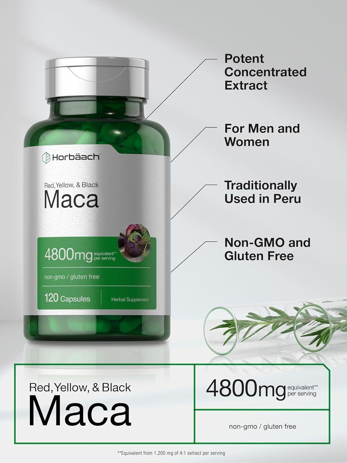 Maca Root Capsules 4800Mg | 120 Pills | Red, Yellow, Black Maca | by Horbaach