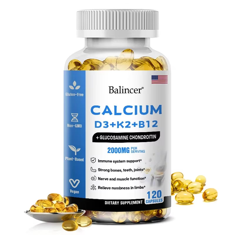 Calcium + D3 + K2 + B12 Capsules - Support Bone and Muscle Health, Replenish Joints