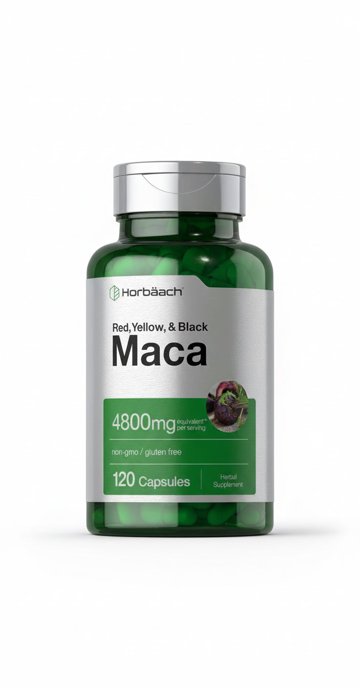 Maca Root Capsules 4800Mg | 120 Pills | Red, Yellow, Black Maca | by Horbaach