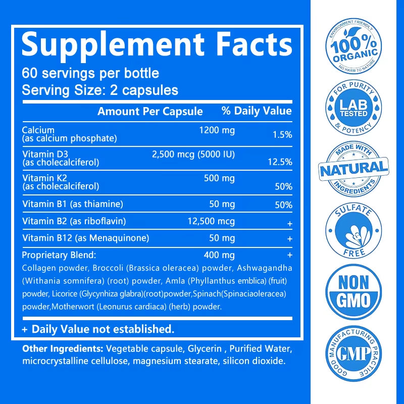 Calcium + D3 + K2 + B12 Capsules - Support Bone and Muscle Health, Replenish Joints